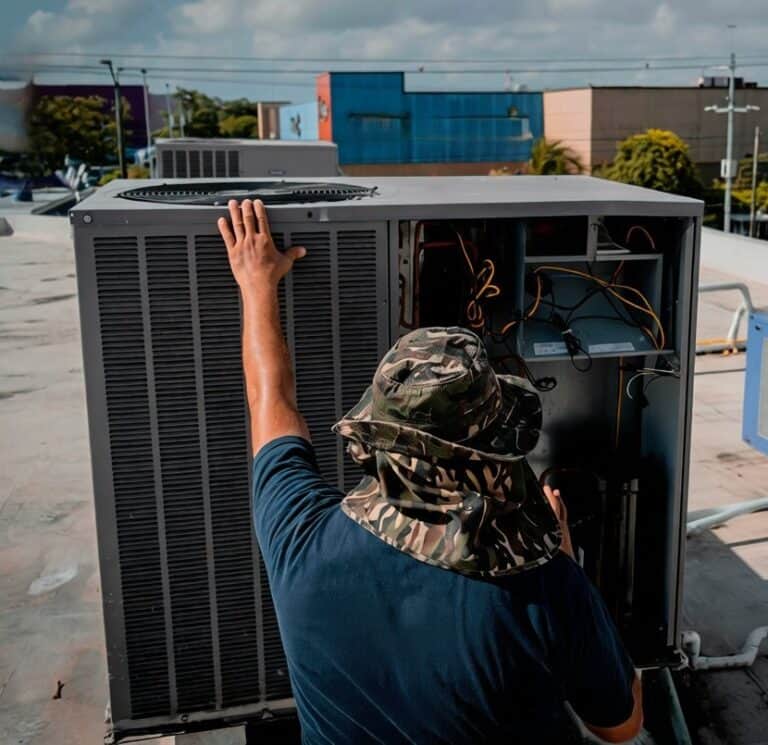 An HVAC technician is checking a commercial HVAC unit